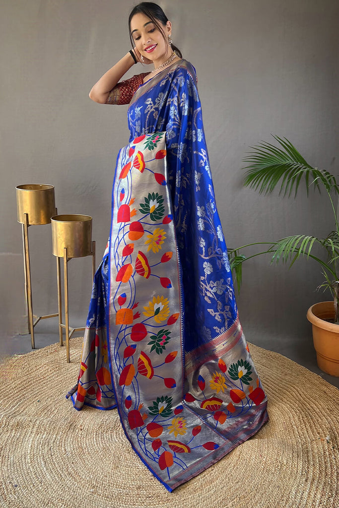 Yale Blue Zari Woven Paithani Silk Saree