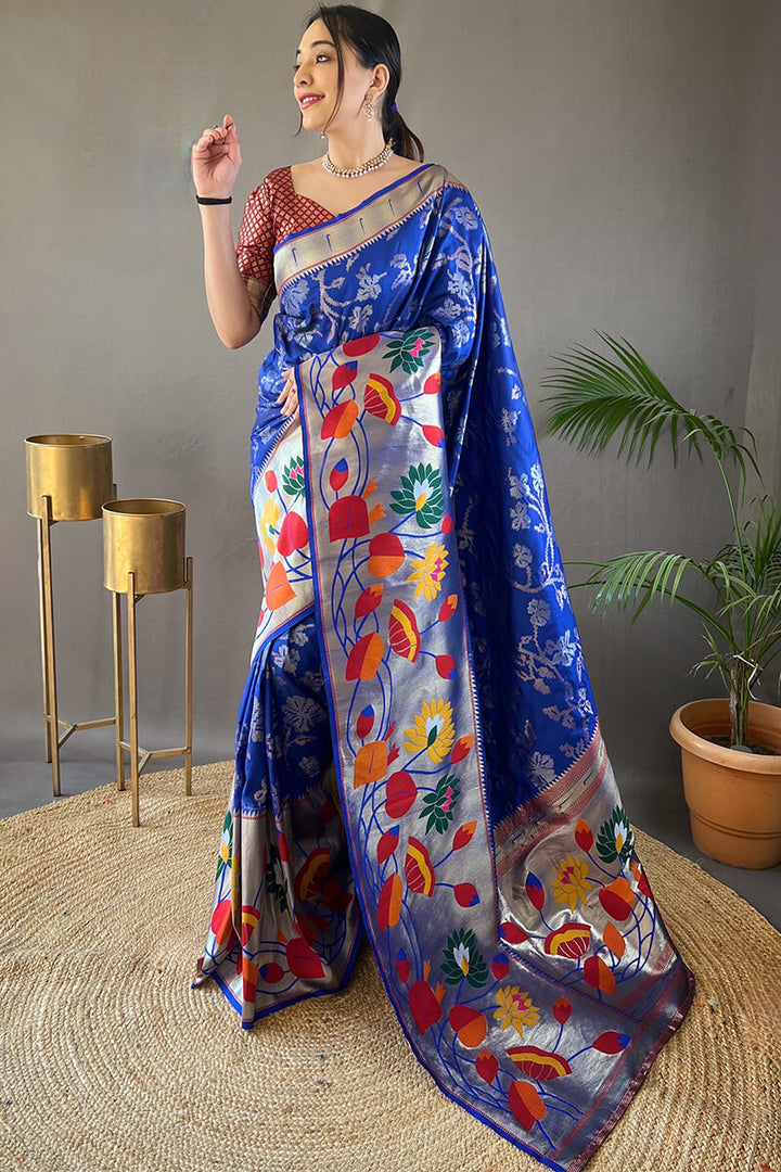 Yale Blue Zari Woven Paithani Silk Saree