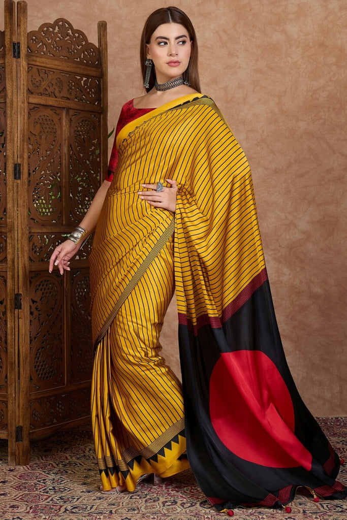 Yellow and Black Stripe Ajrakh Printed Satin Silk Saree