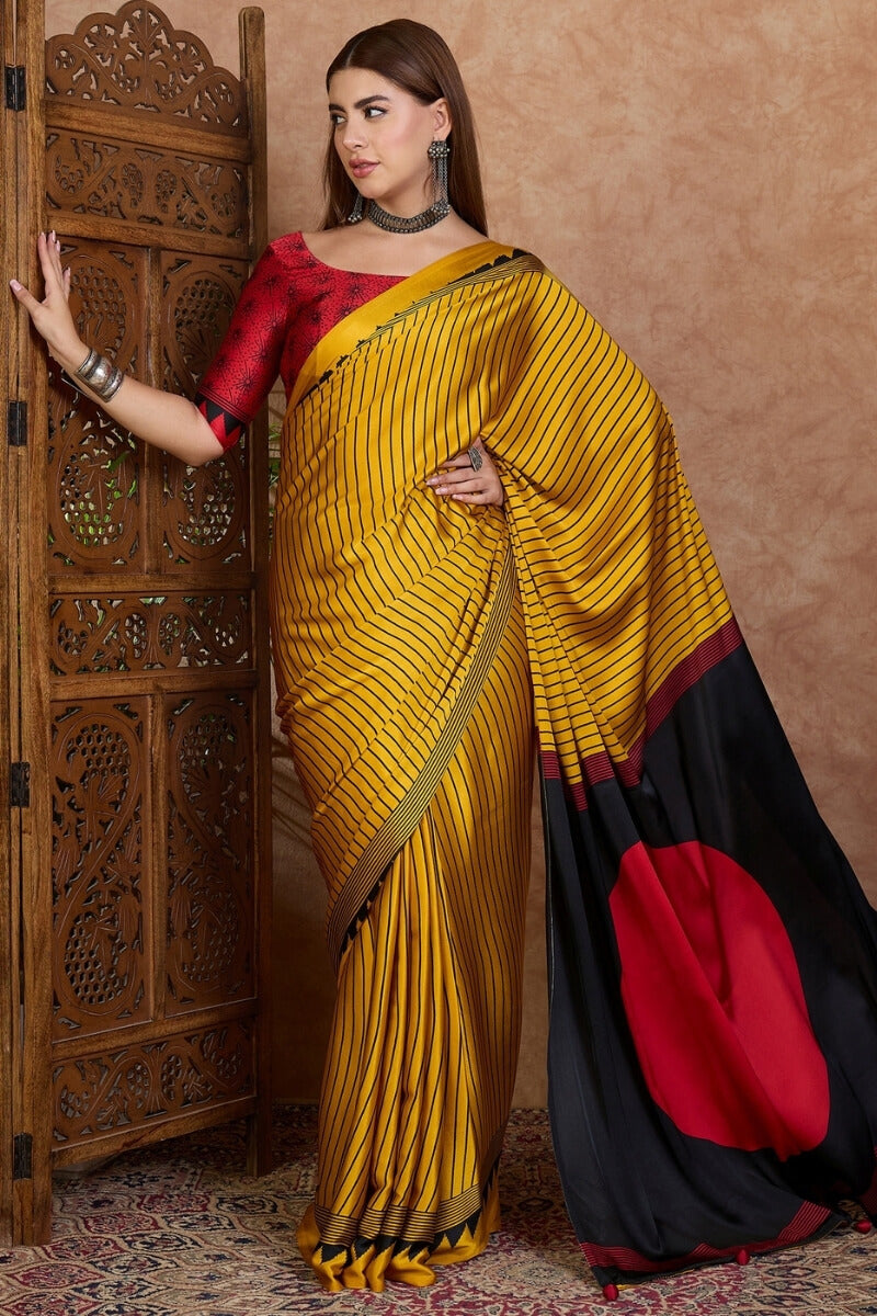 Yellow and Black Stripe Ajrakh Printed Satin Silk Saree