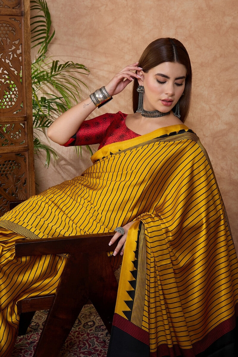 Yellow and Black Stripe Ajrakh Printed Satin Silk Saree