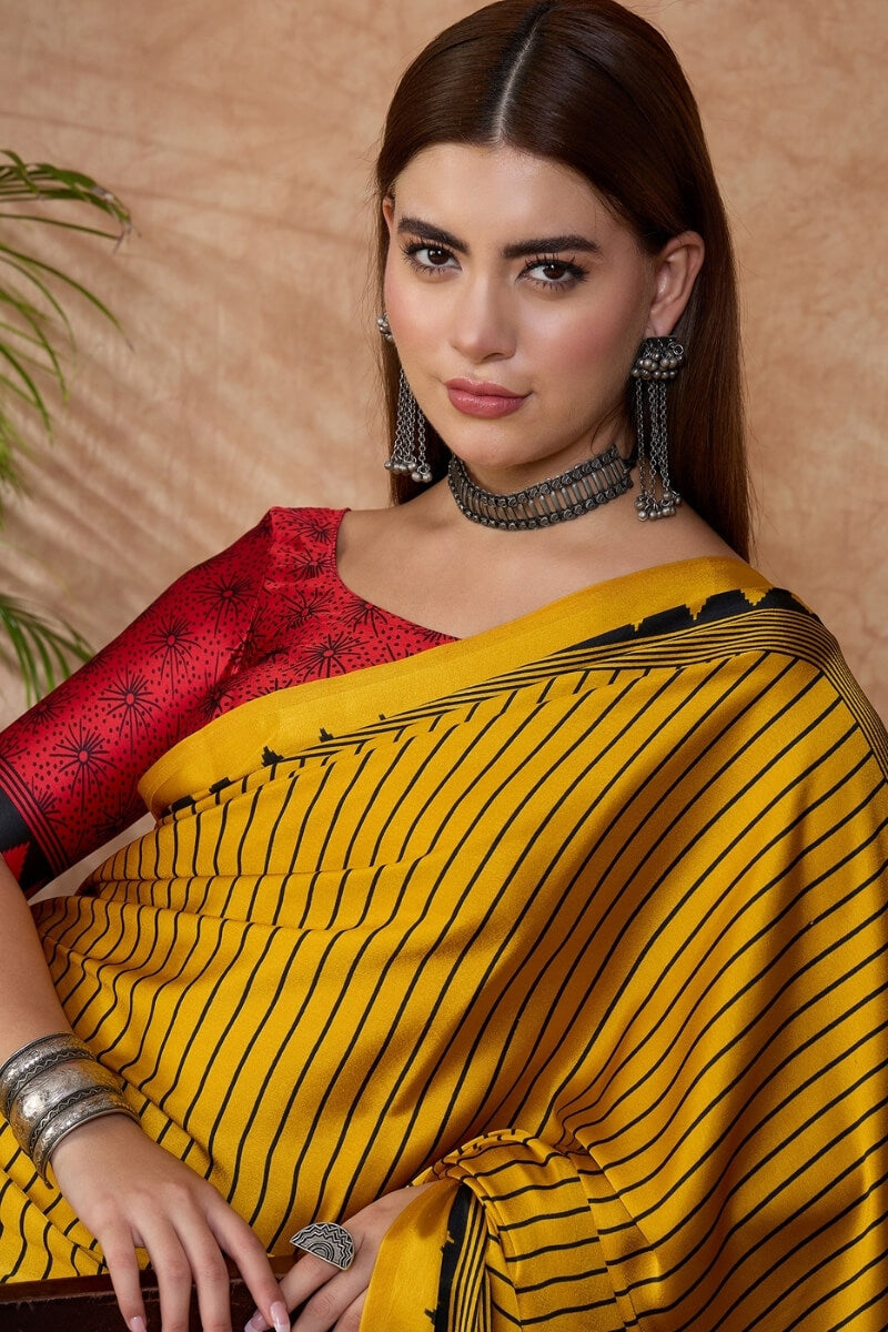 Yellow and Black Stripe Ajrakh Printed Satin Silk Saree
