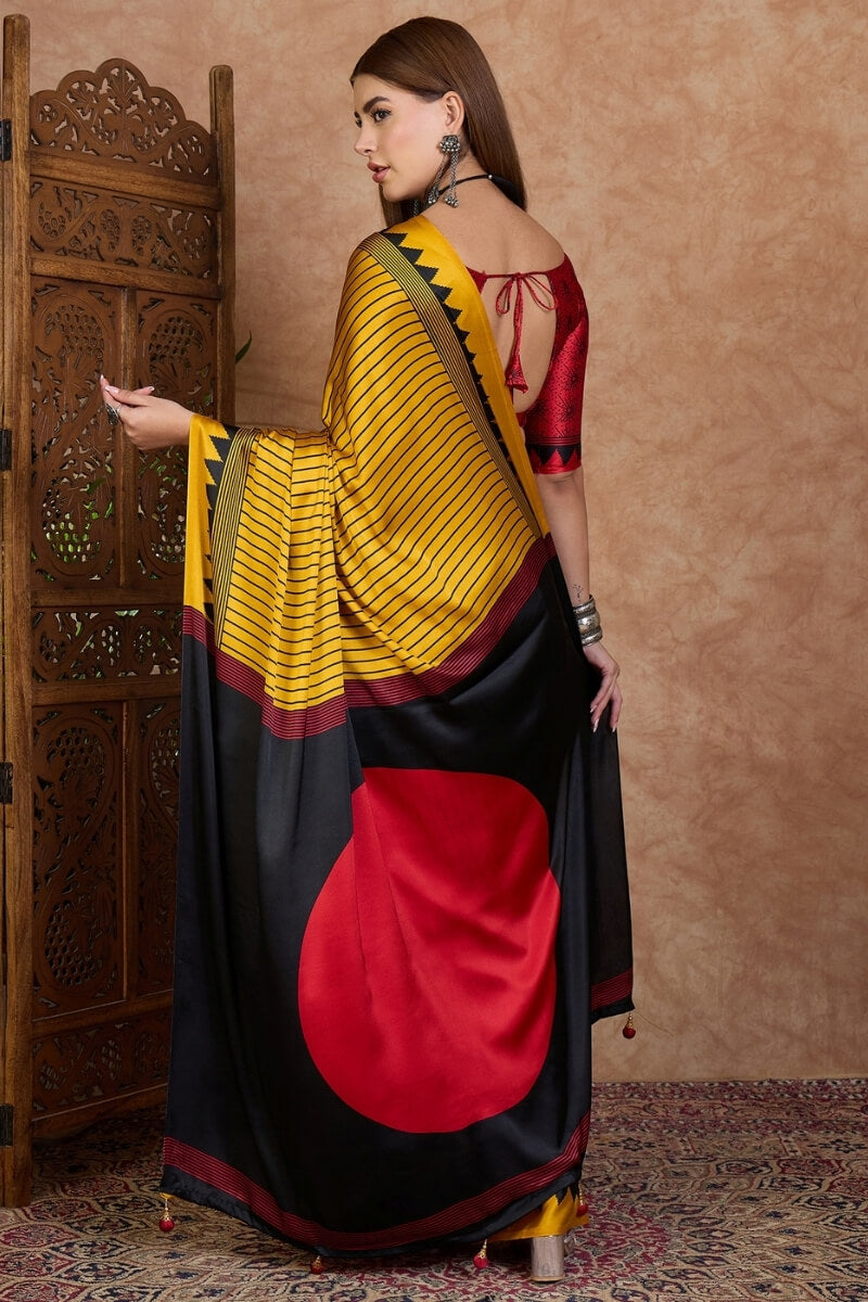 Yellow and Black Stripe Ajrakh Printed Satin Silk Saree
