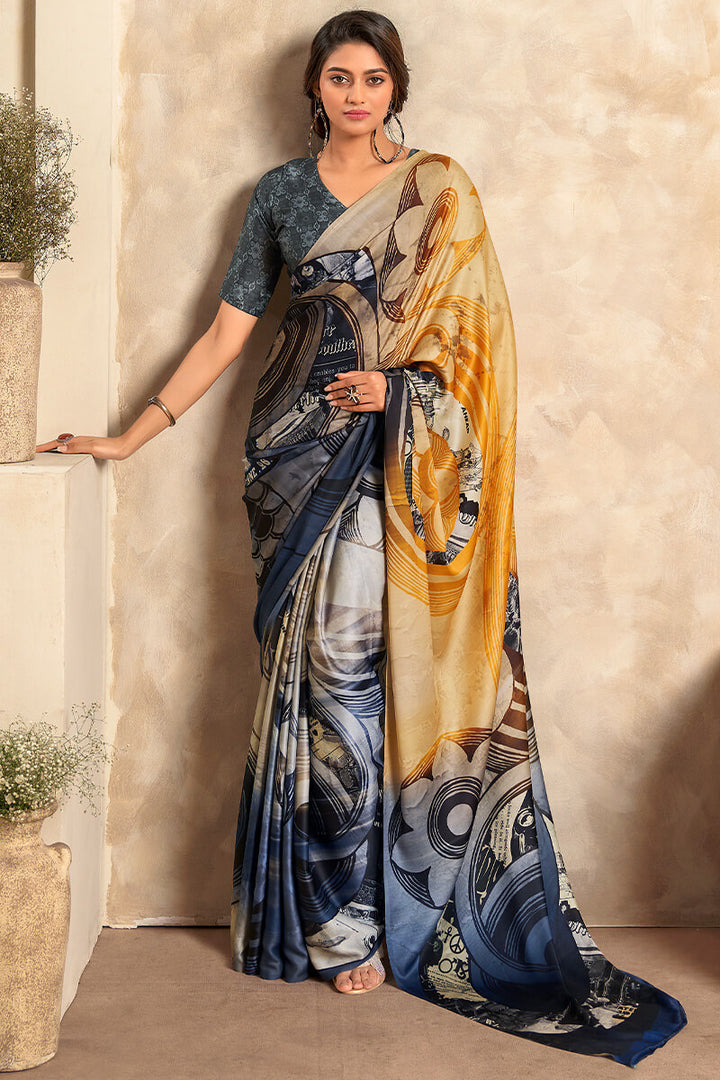 Yellow and Blue Printed Satin Silk Saree