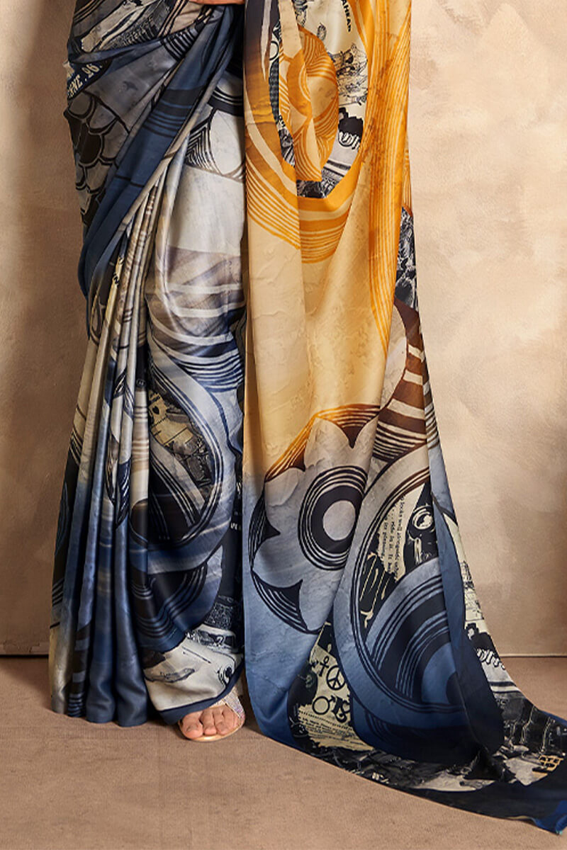 Yellow and Blue Printed Satin Silk Saree