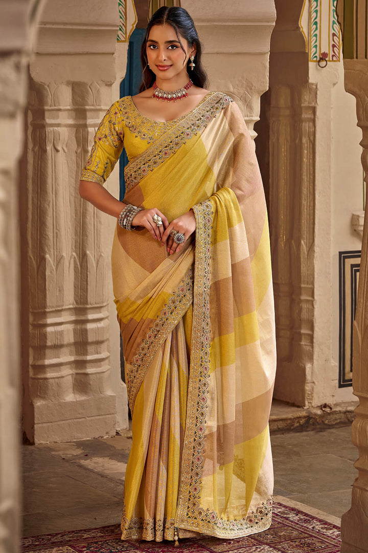 Yellow and Brown Hand Work Viscose Saree with Stiched Blouse