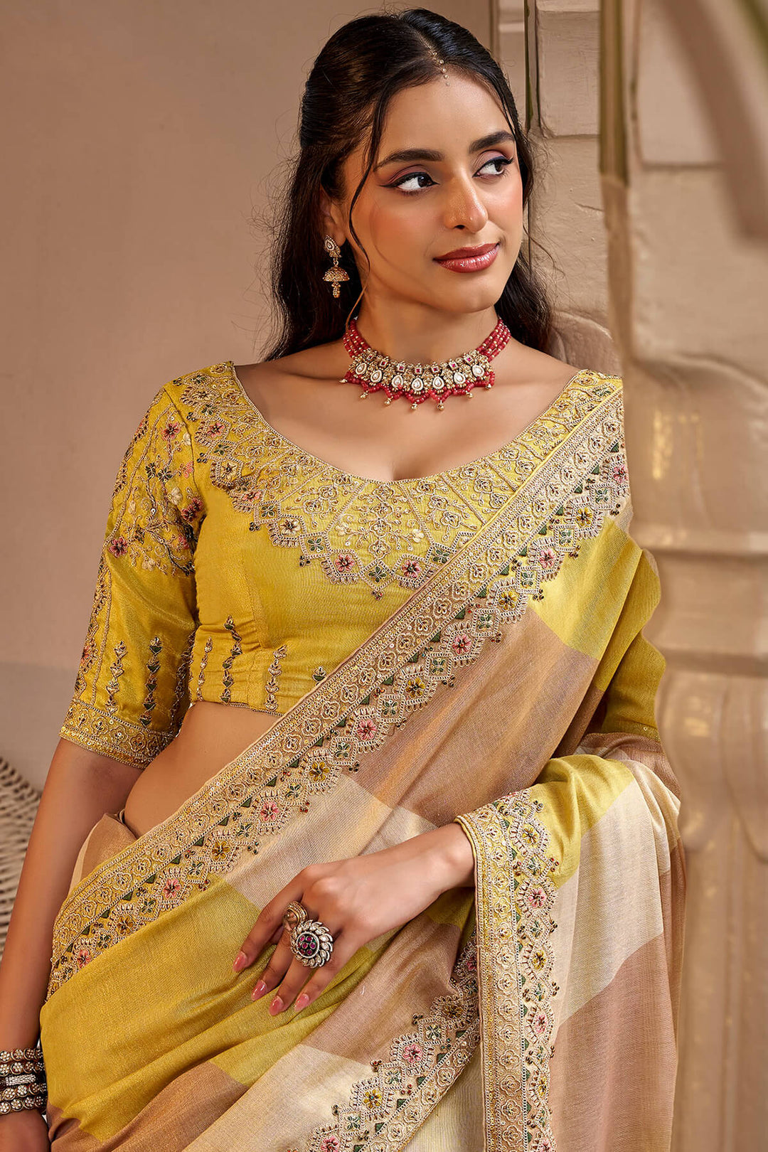 Yellow and Brown Hand Work Viscose Saree with Stiched Blouse