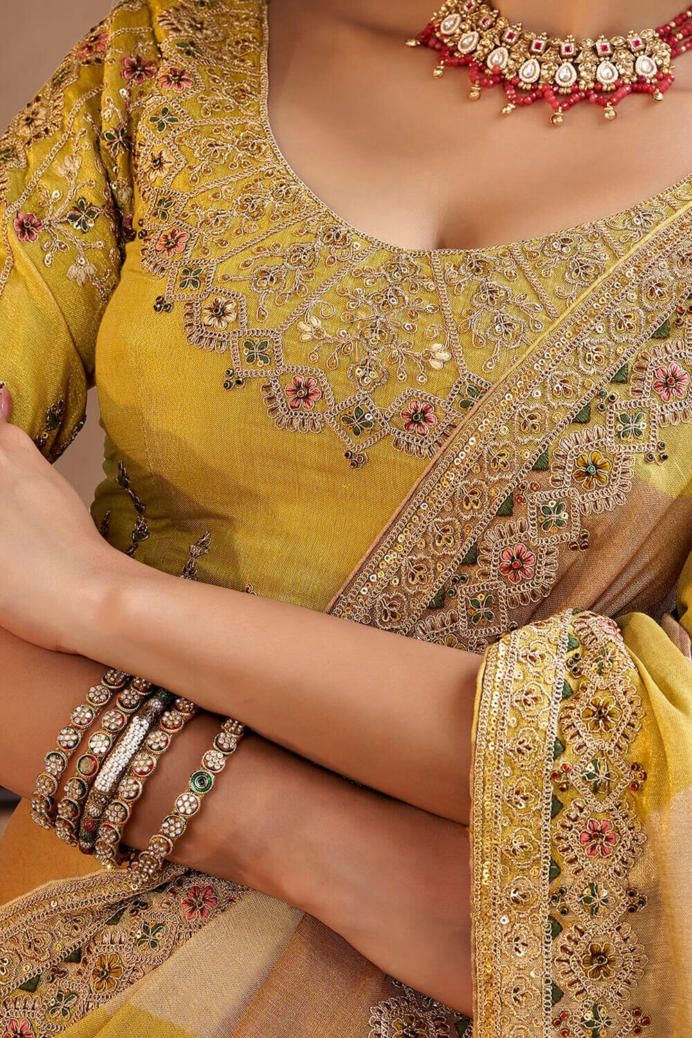 Yellow and Brown Hand Work Viscose Saree with Stiched Blouse