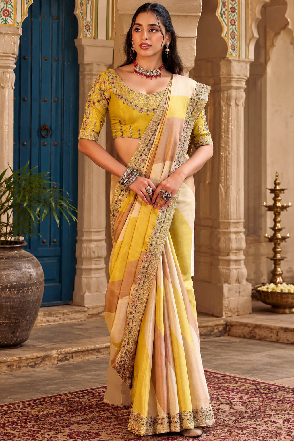 Yellow and Brown Hand Work Viscose Saree with Stiched Blouse