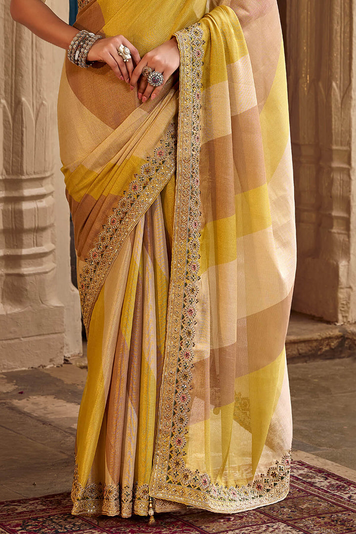 Yellow and Brown Hand Work Viscose Saree with Stiched Blouse