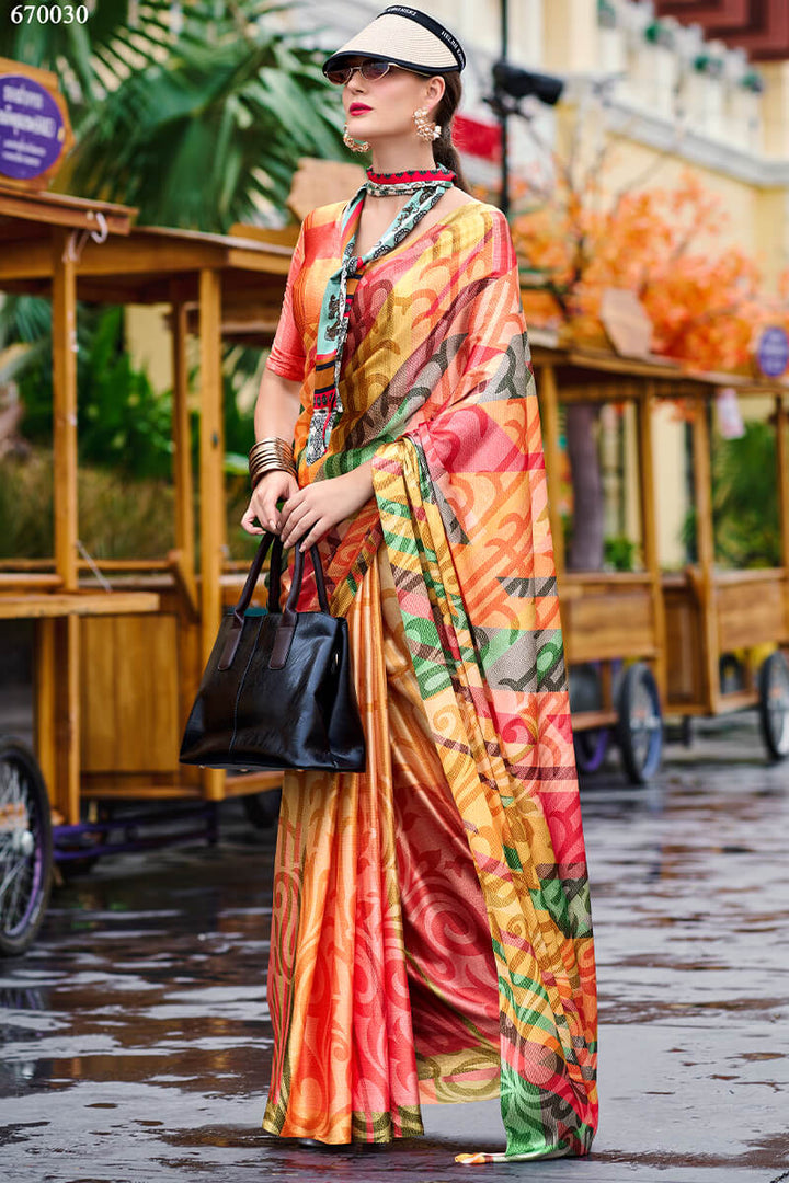 Yellow and Red Printed Satin Crepe Silk Saree