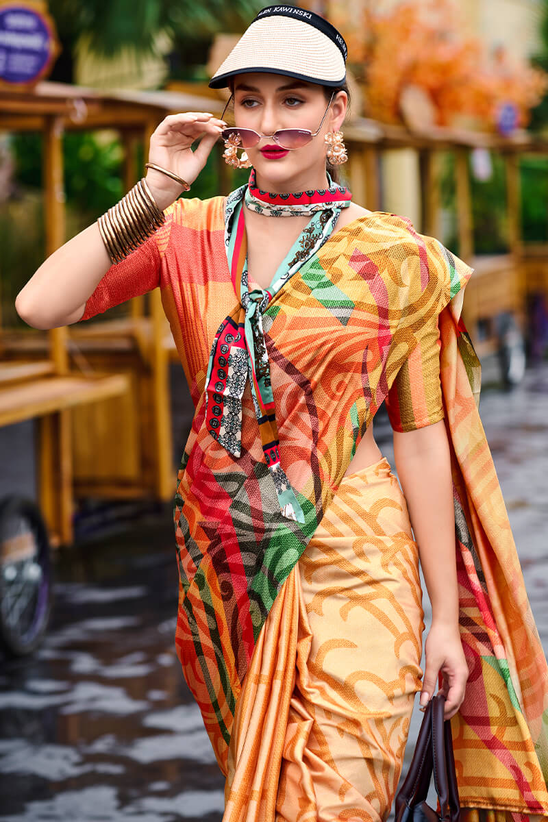 Yellow and Red Printed Satin Crepe Silk Saree