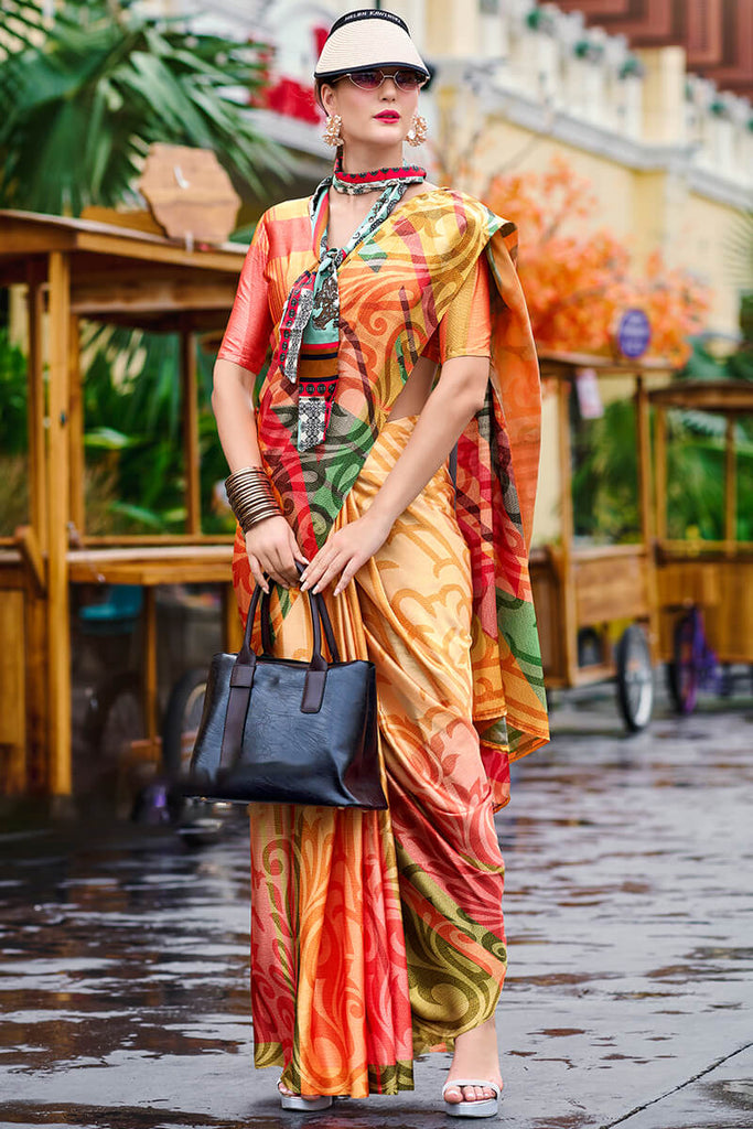 Yellow and Red Printed Satin Crepe Silk Saree