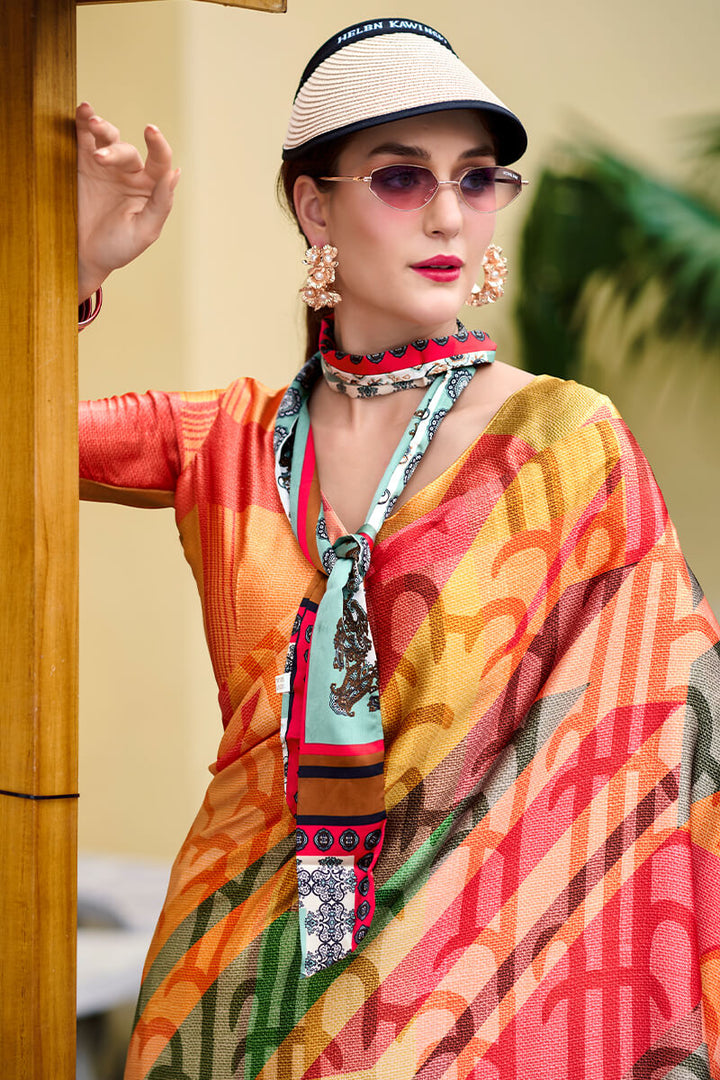 Yellow and Red Printed Satin Crepe Silk Saree