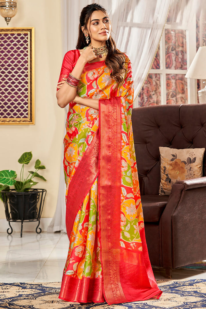 Yellow and Red Printed Satin Silk Saree