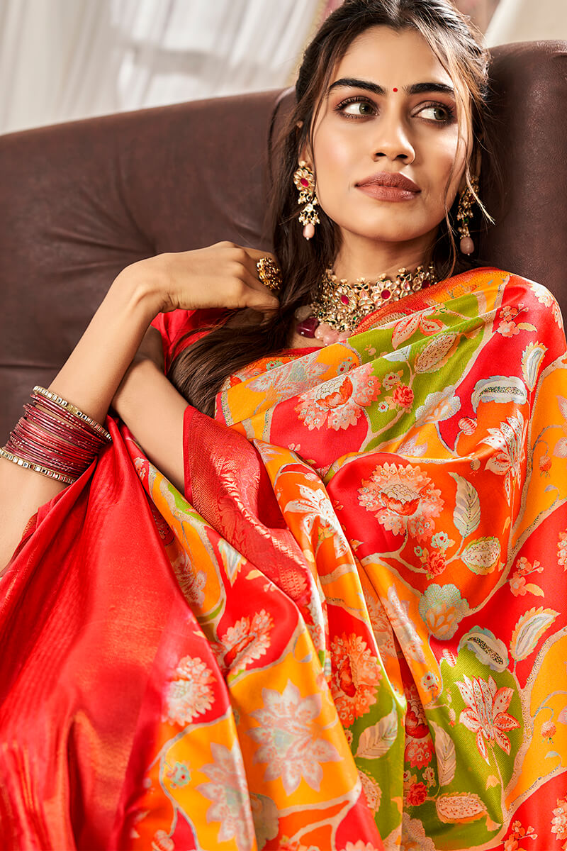 Yellow and Red Printed Satin Silk Saree