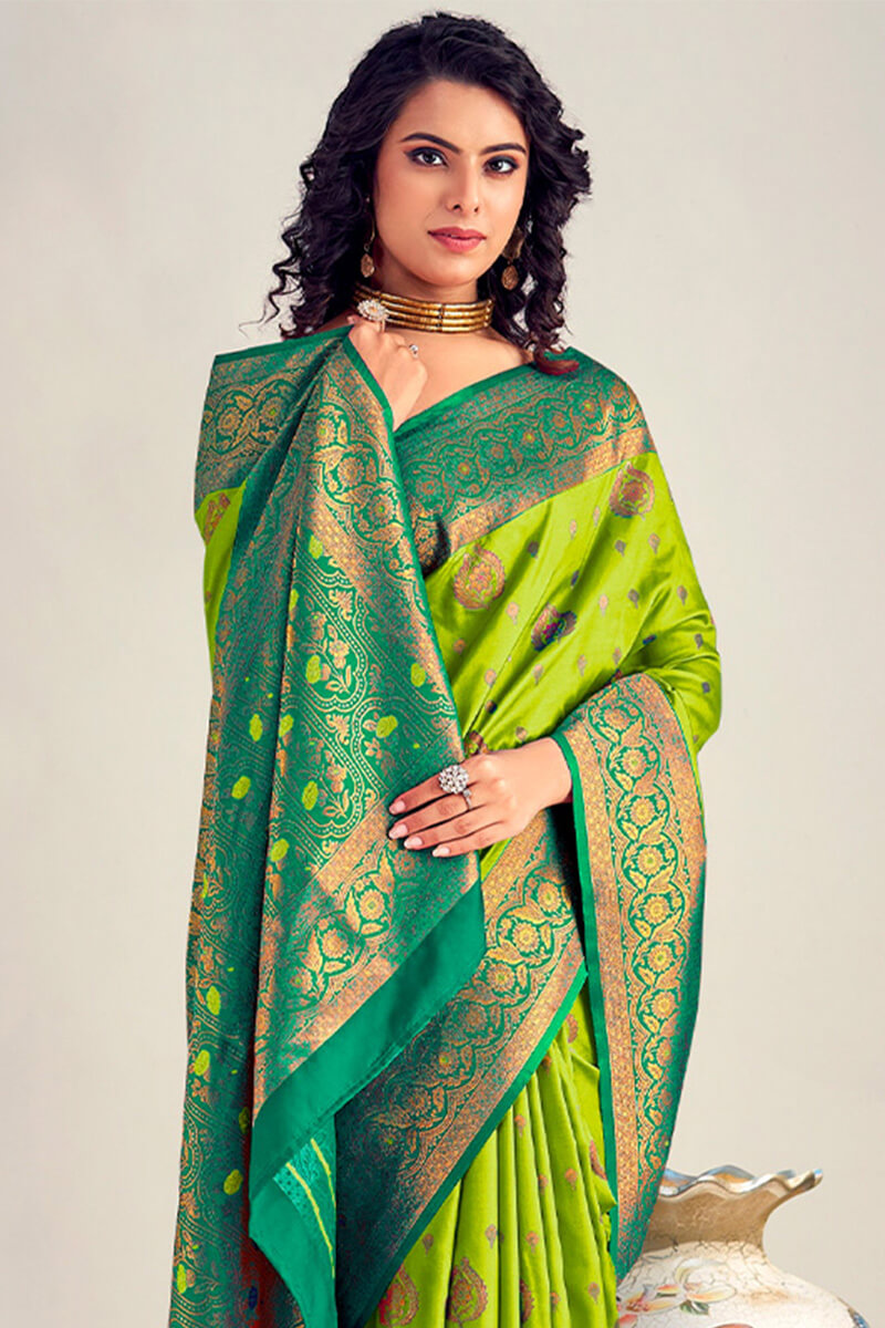 Yellowish Green Soft Banarasi Silk Saree