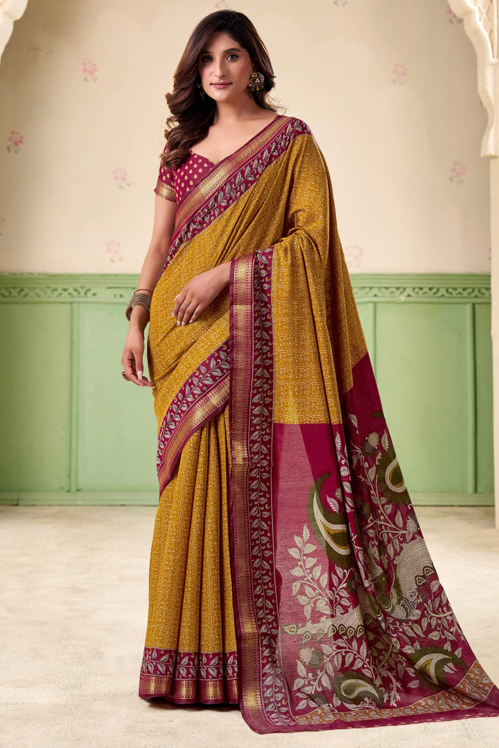 Yellowy Brown Printed Mul cotton Silk Saree