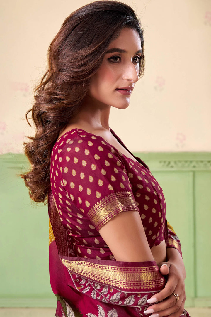 Yellowy Brown Printed Mul cotton Silk Saree