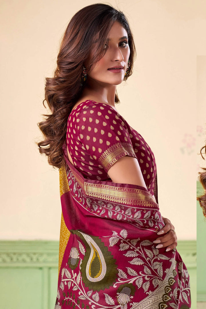 Yellowy Brown Printed Mul cotton Silk Saree