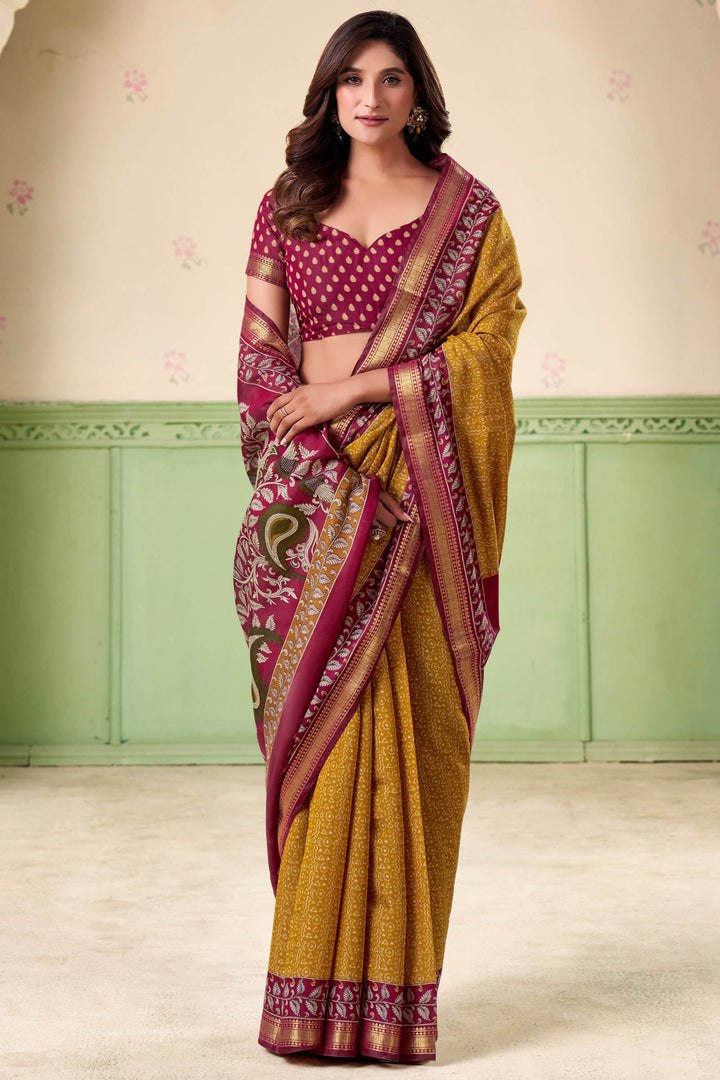 Yellowy Brown Printed Mul cotton Silk Saree