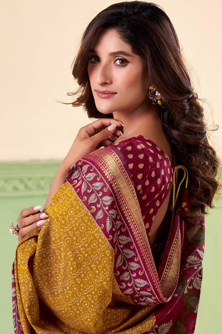 Yellowy Brown Printed Mul cotton Silk Saree