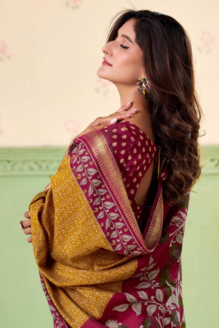Yellowy Brown Printed Mul cotton Silk Saree