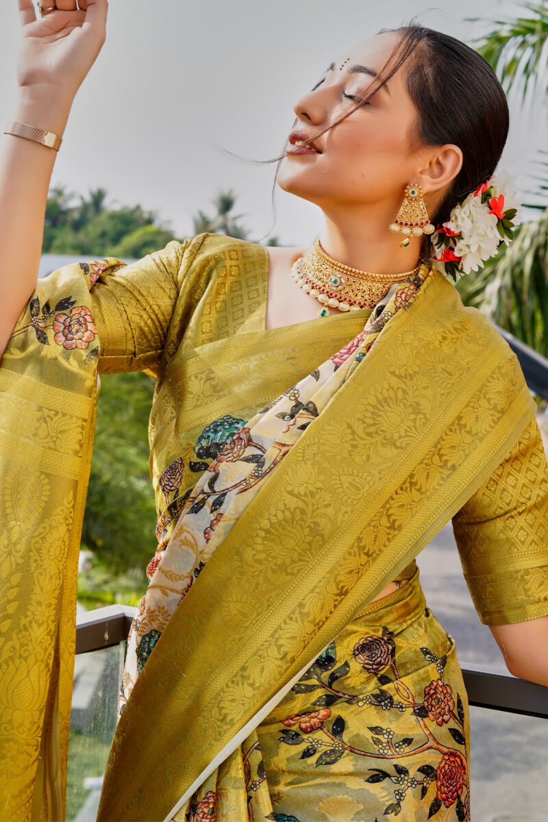 Yellowy Brown Printed Organza Silk Saree