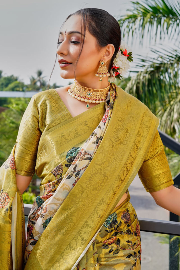 Yellowy Brown Printed Organza Silk Saree