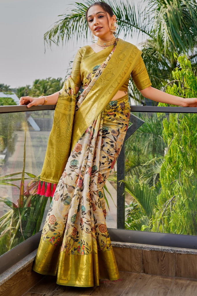 Yellowy Brown Printed Organza Silk Saree