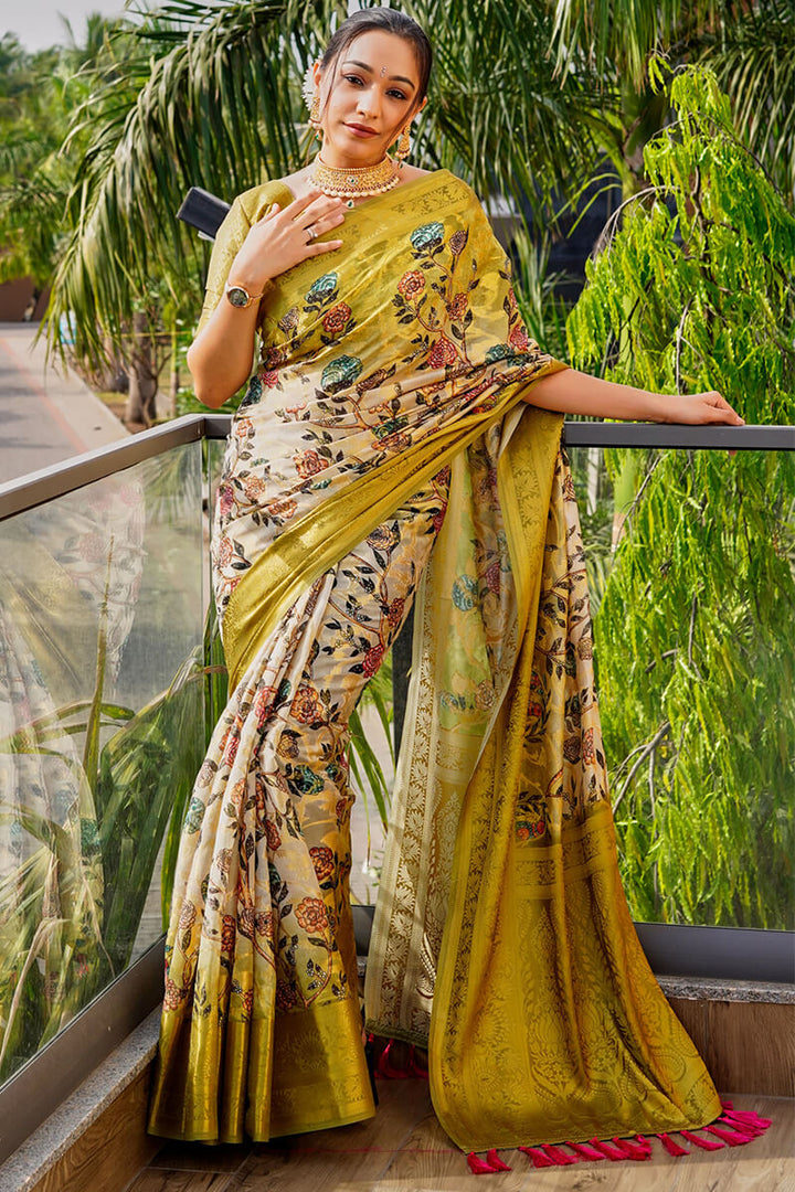 Yellowy Brown Printed Organza Silk Saree