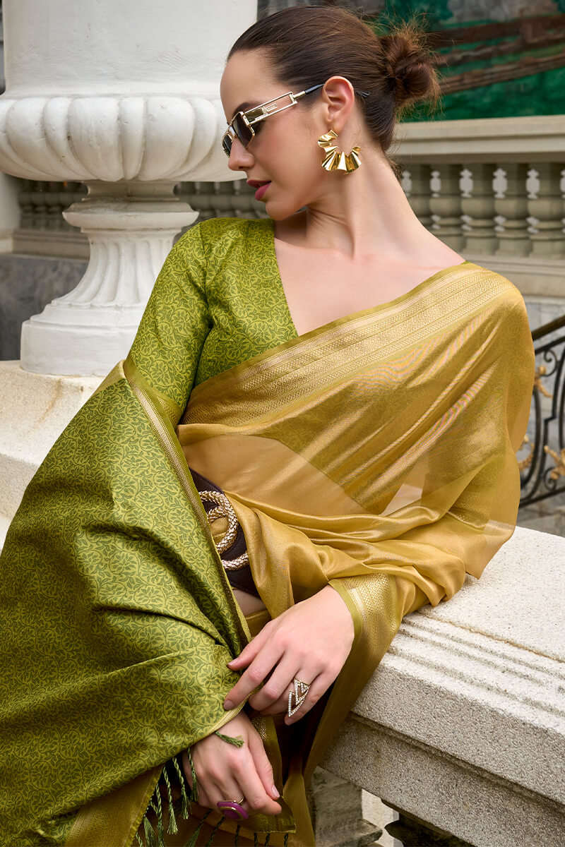 Yellowy Green Tissue Silk Saree