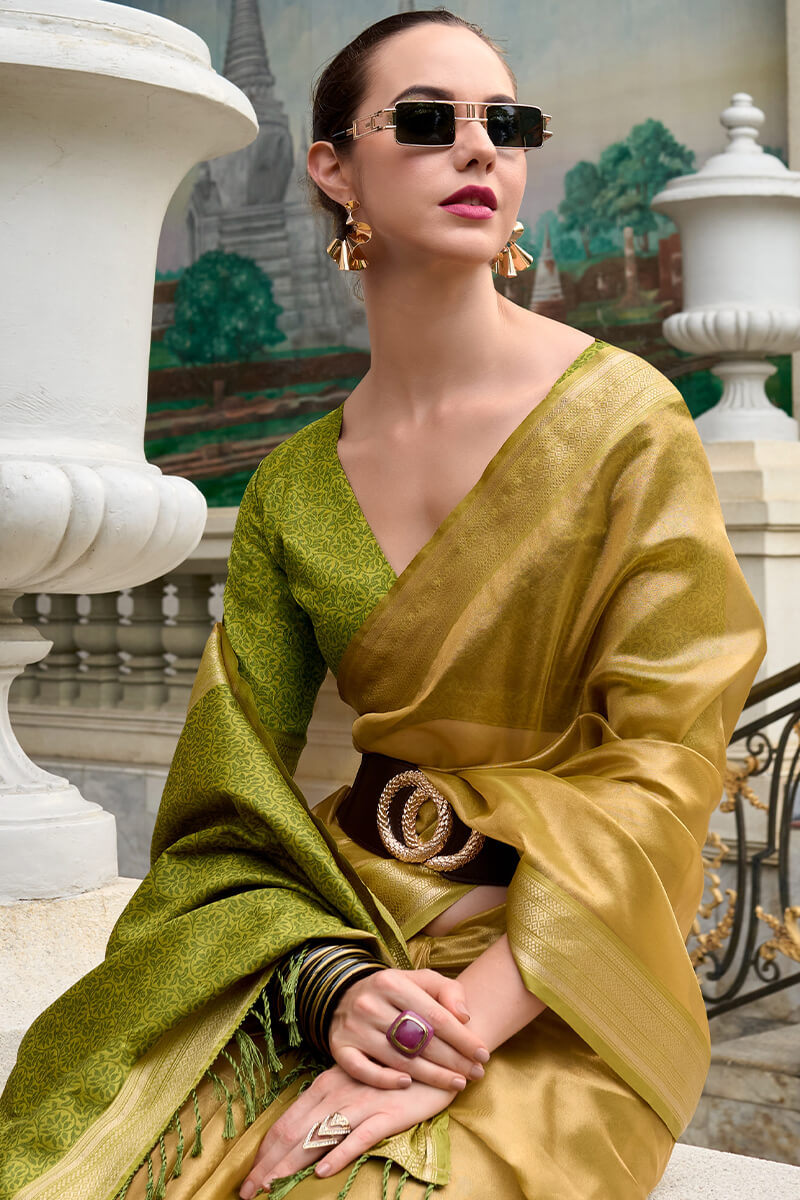 Yellowy Green Tissue Silk Saree