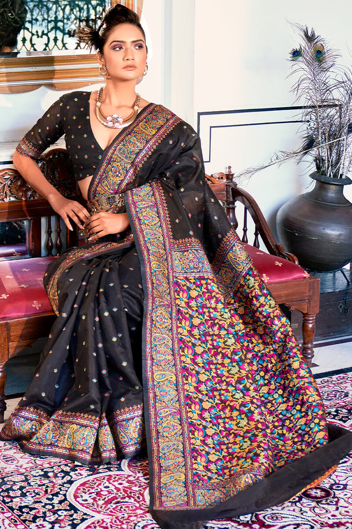 Zade Black Kashmiri Modal Pashmina Silk Saree