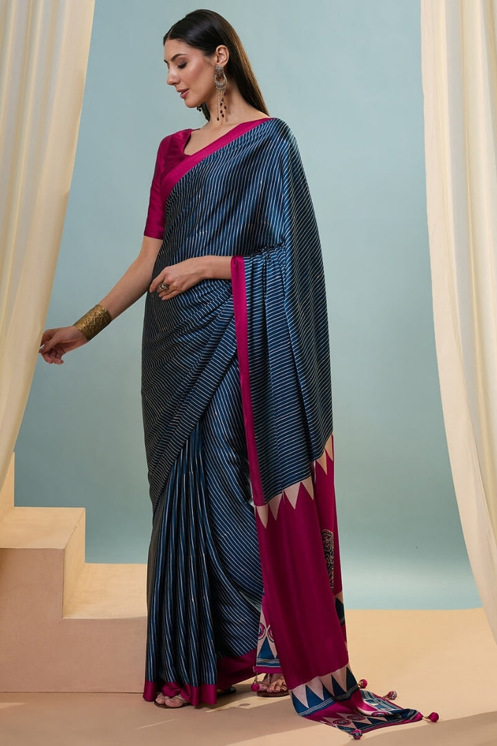 Zodiac Blue Ajrakh Printed Satin Silk Saree