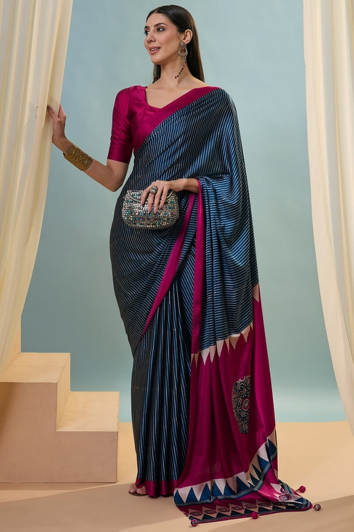 Zodiac Blue Ajrakh Printed Satin Silk Saree
