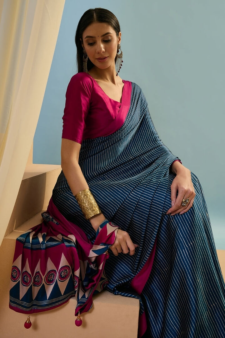 Zodiac Blue Ajrakh Printed Satin Silk Saree