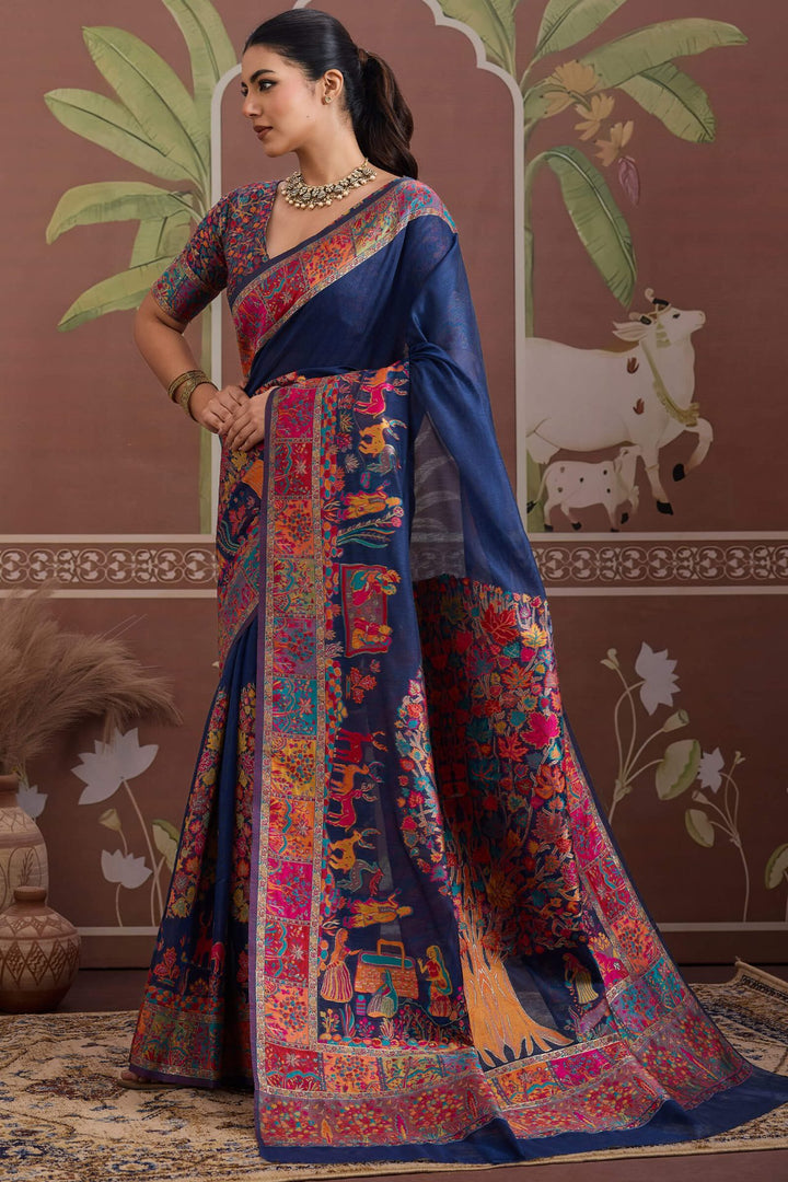 Zodiac Blue Kashmiri Modal Pashmina Silk Saree