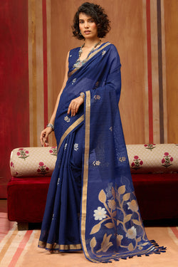 Zodiac Blue Munga Cotton Silk Saree with Organza Weaving Pallu