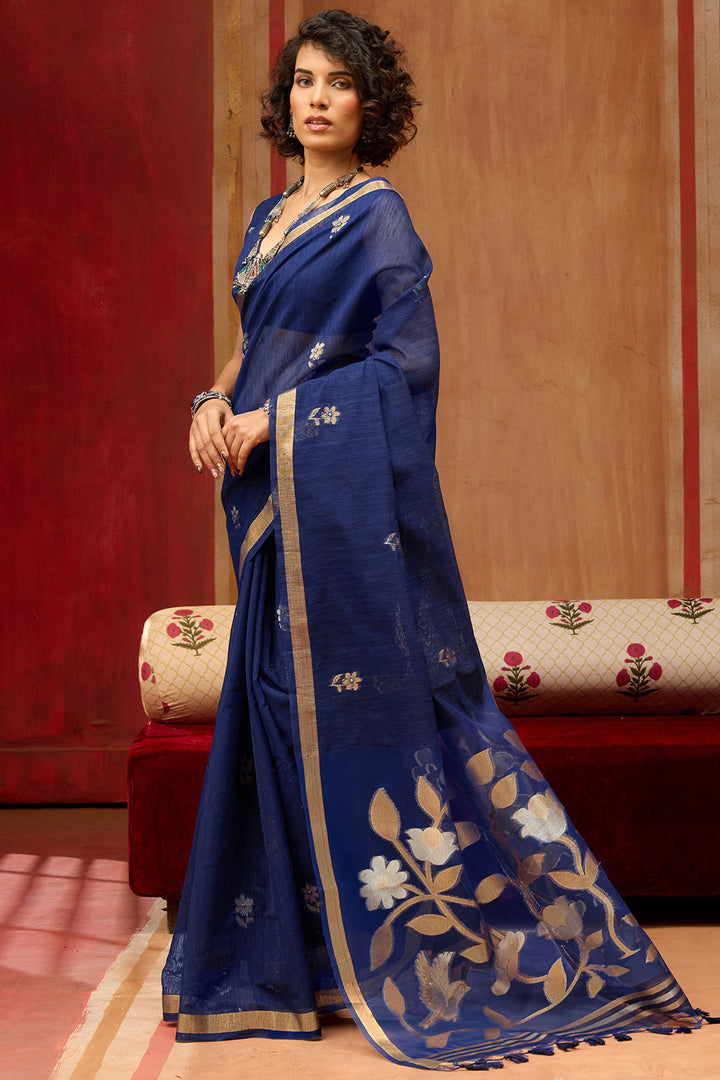 Zodiac Blue Munga Cotton Silk Saree with Organza Weaving Pallu