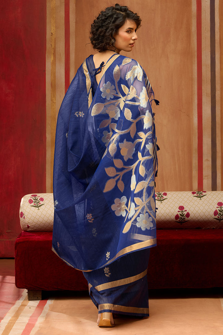Zodiac Blue Munga Cotton Silk Saree with Organza Weaving Pallu