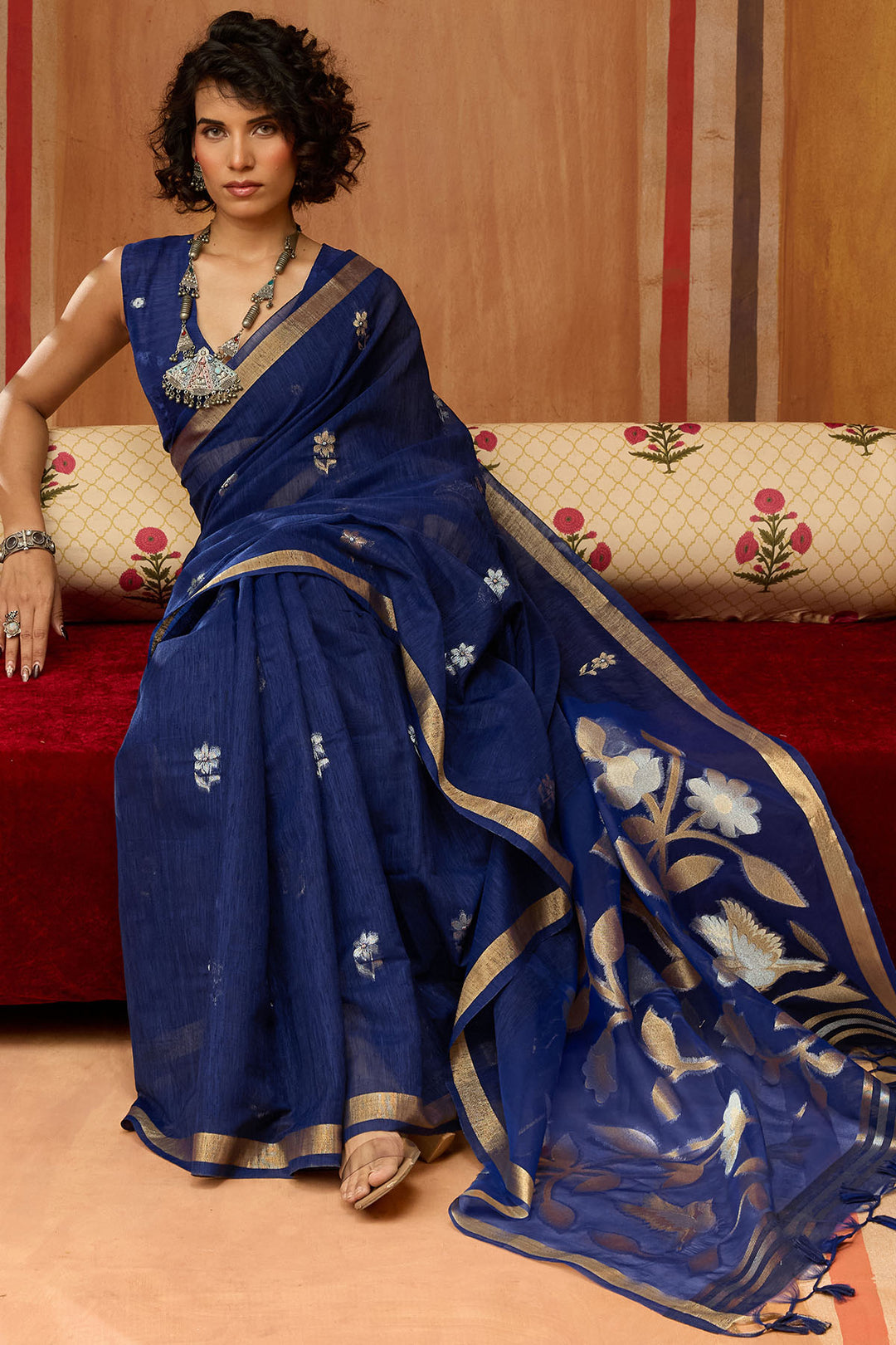 Zodiac Blue Munga Cotton Silk Saree with Organza Weaving Pallu