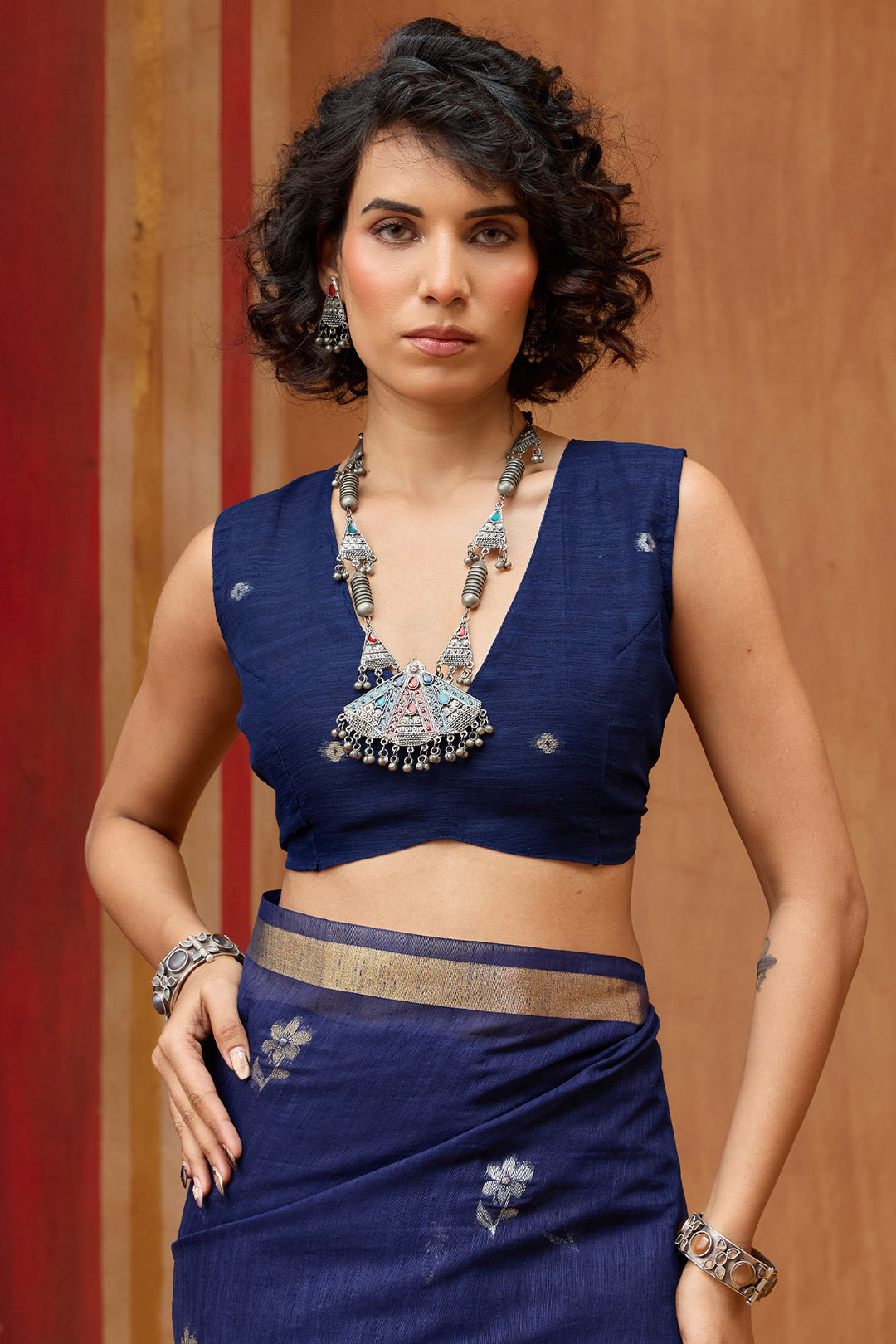 Zodiac Blue Munga Cotton Silk Saree with Organza Weaving Pallu