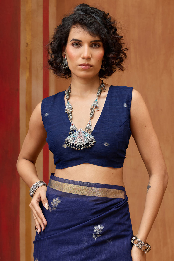 Zodiac Blue Munga Cotton Silk Saree with Organza Weaving Pallu
