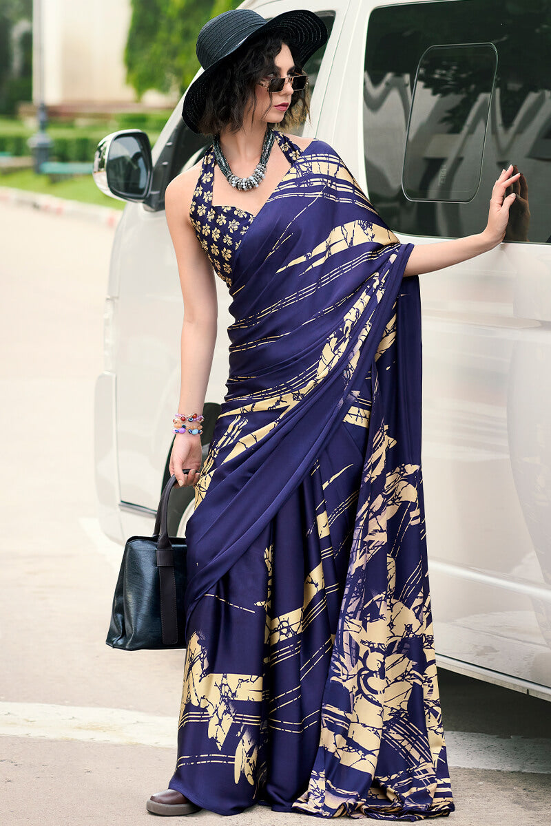 Zodiac Blue Printed Satin Crape Silk Saree