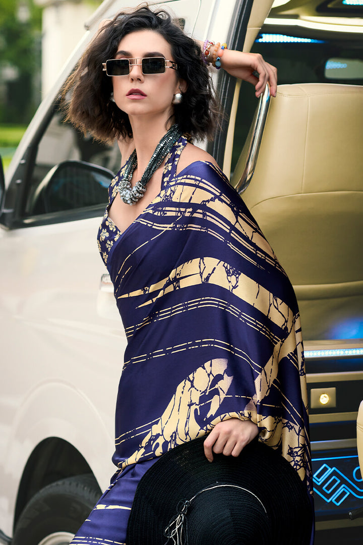 Zodiac Blue Printed Satin Crape Silk Saree