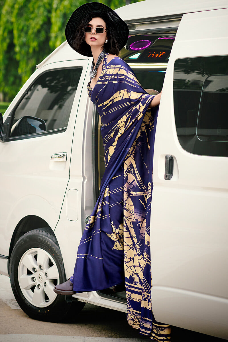 Zodiac Blue Printed Satin Crape Silk Saree