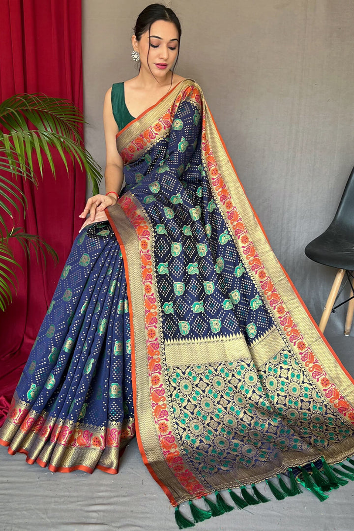 Zodiac Blue Zari Woven Patola Silk Saree