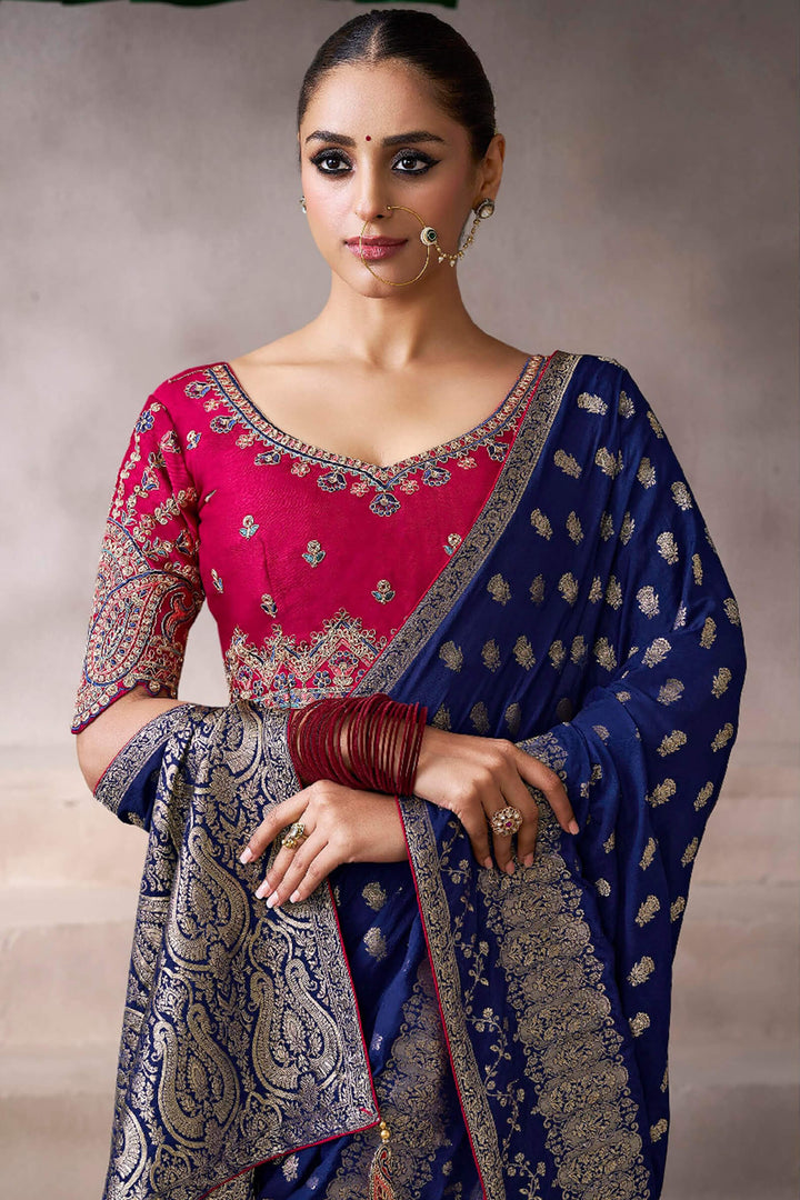 Zodiac Blue Zari Woven Pure Crape Silk Saree with Designer Blouse Piece