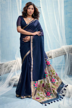 Zodiac Blue Zari Woven Pure Munga Cotton saree